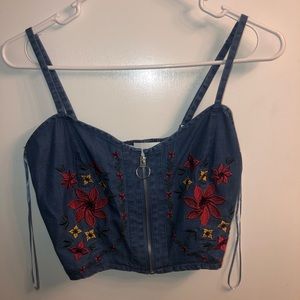 Denim zip up cropped tank top
